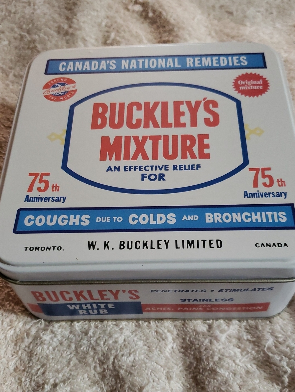 1995 Buckley's Mixture Retro Tin - White with Red & Blue Graphics